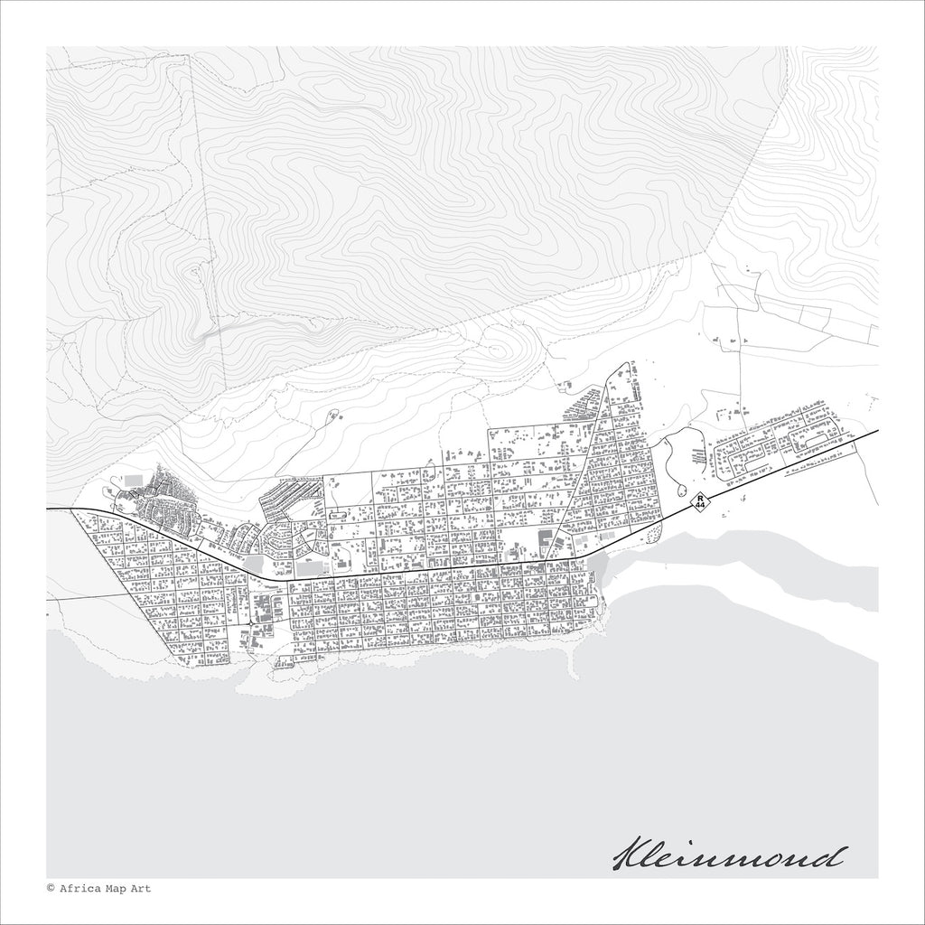 Kleinmond map print in the minimalist Mono style, with black street lines, the Kleinmond Lagoon and the Kogelberg Nature Reserve on a white background with grey sea