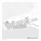 Kleinmond map print in the minimalist Mono style, with black street lines, the Kleinmond Lagoon and the Kogelberg Nature Reserve on a white background with grey sea