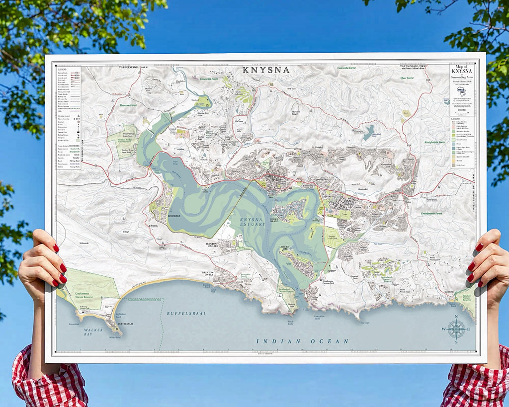 Knysna large map print in the Classic style, held up in two hands, showing the lagoon, the Heads and the town