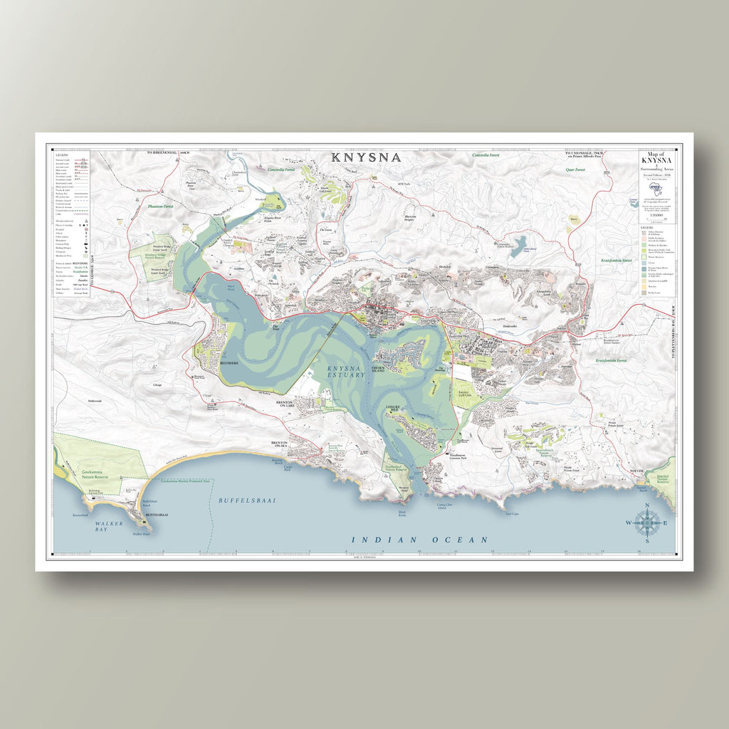 Knysna large map print in the Classic style, showing the estuary, the Heads & Thesen Island, with red roads, hill shading & contour lines on a white background