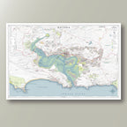 Knysna large map print in the Classic style, showing the estuary, the Heads & Thesen Island, with red roads, hill shading & contour lines on a white background