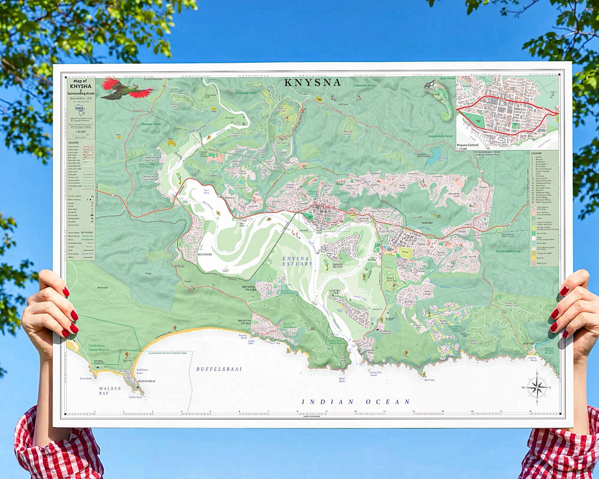 Knysna large map print in the Contemporary style, held up in two hands, showing the lagoon, the Heads and the road network