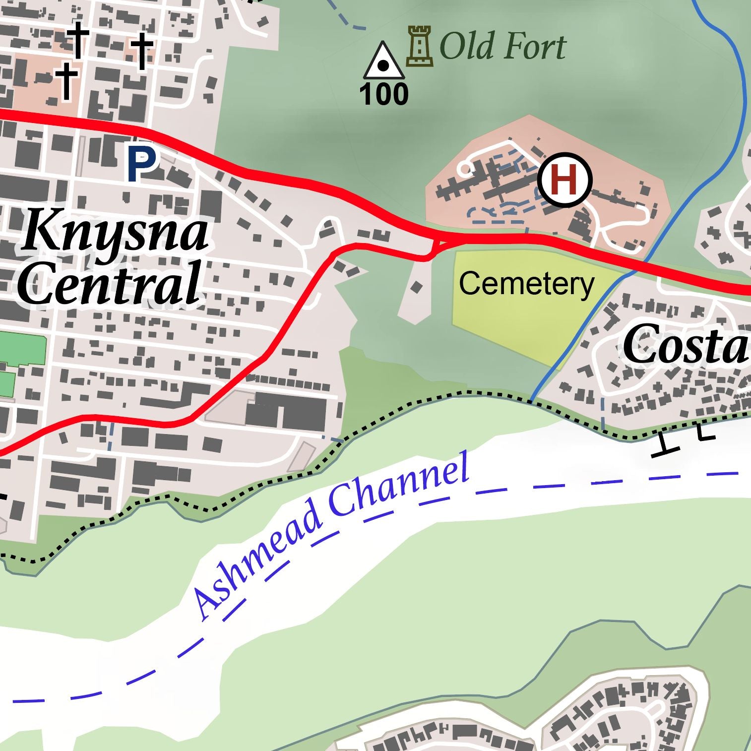 Close-up detail of the Knysna Contemporary large map print, showing the fine line work and quality of the full-size print