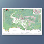 Knysna large map print in the Contemporary style, showing the estuary, the Heads & Thesen Island in white, with red roads over green hill shading