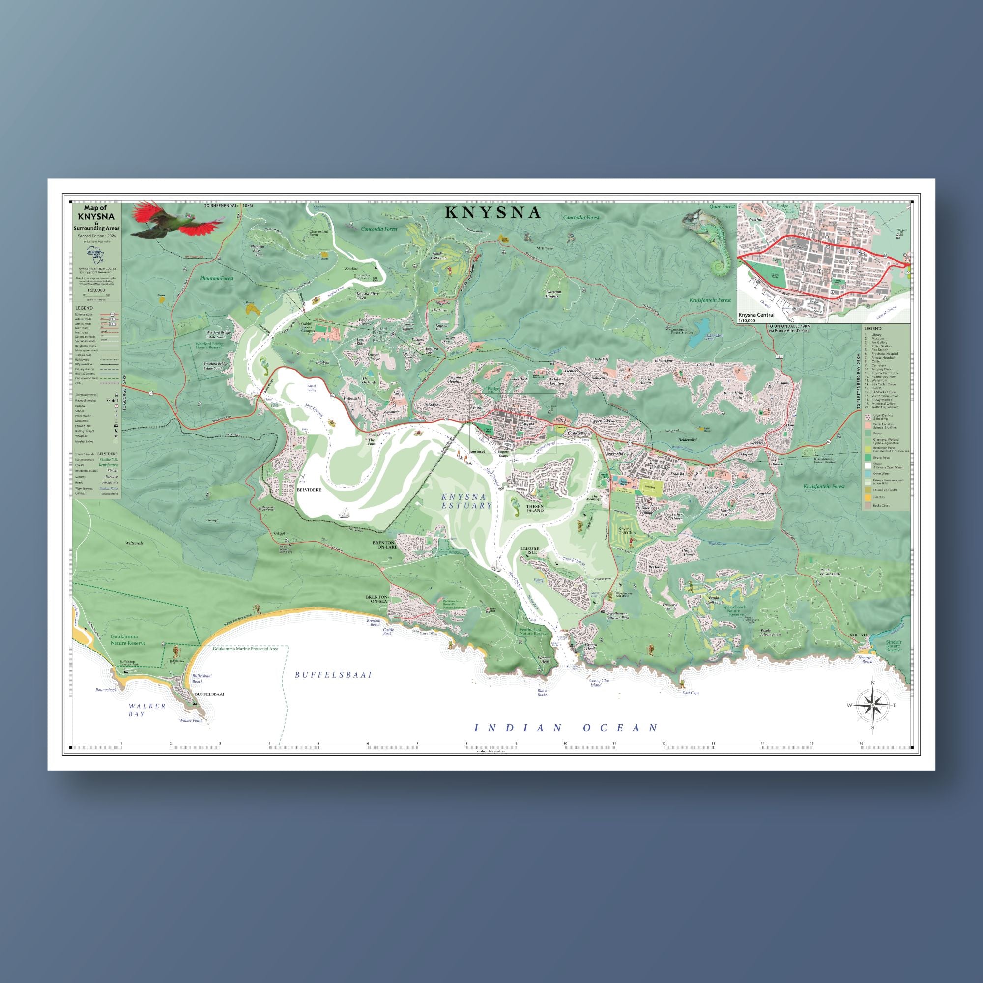Knysna large map print in the Contemporary style, showing the estuary, the Heads & Thesen Island in white, with red roads over green hill shading