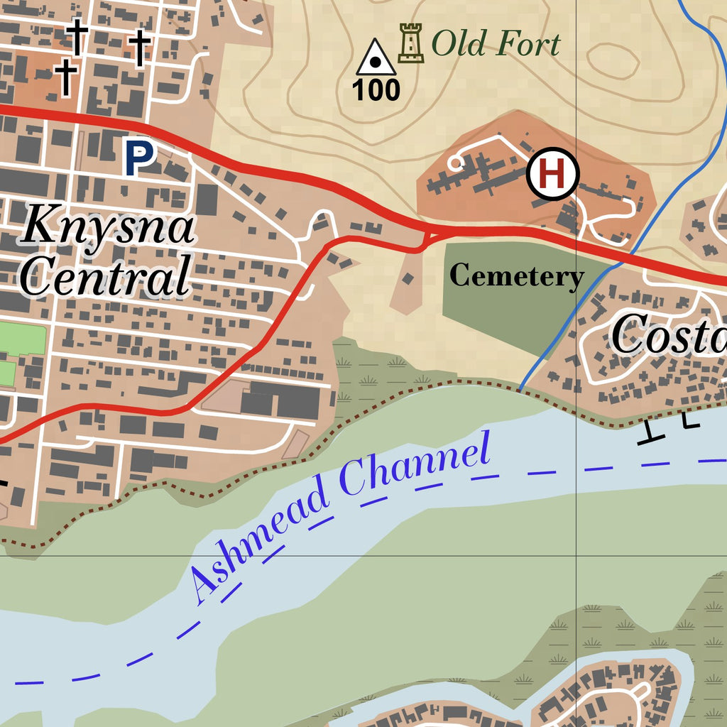 Close-up detail of the Knysna Vintage large map print, showing the fine line work and quality of the full-size print