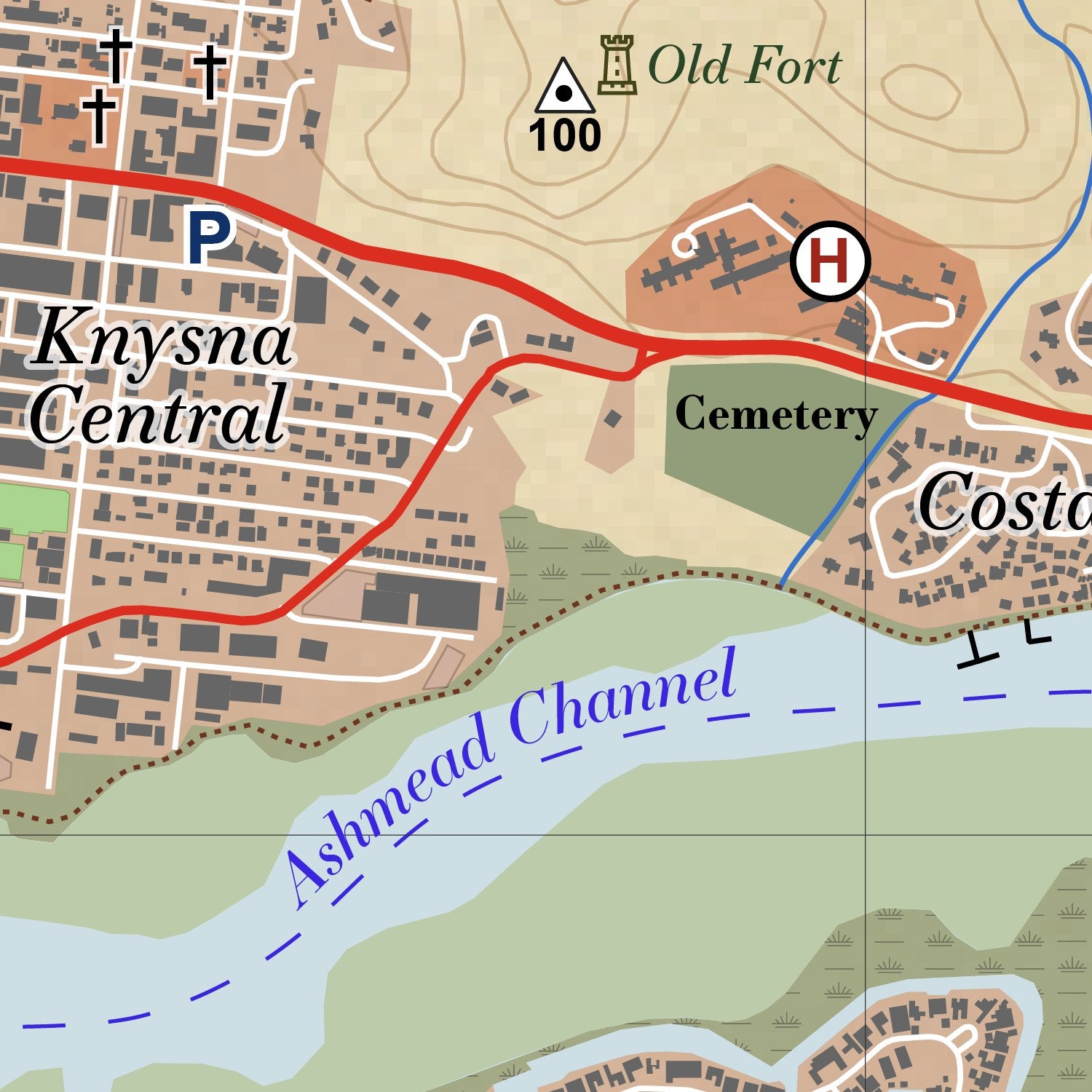 Close-up detail of the Knysna Vintage large map print, showing the fine line work and quality of the full-size print