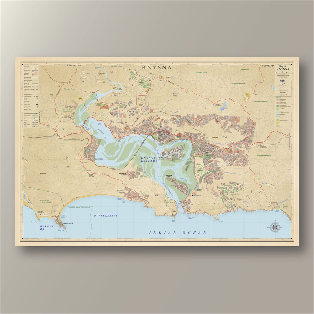 Knysna large map print in the Vintage style, showing the estuary, the Heads & Thesen Island, with red roads and brown contour lines on an aged buff background colour