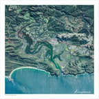 Knysna map print in the Aerial style; white roads and contour lines over a satellite image with green vegetation & blue sea.