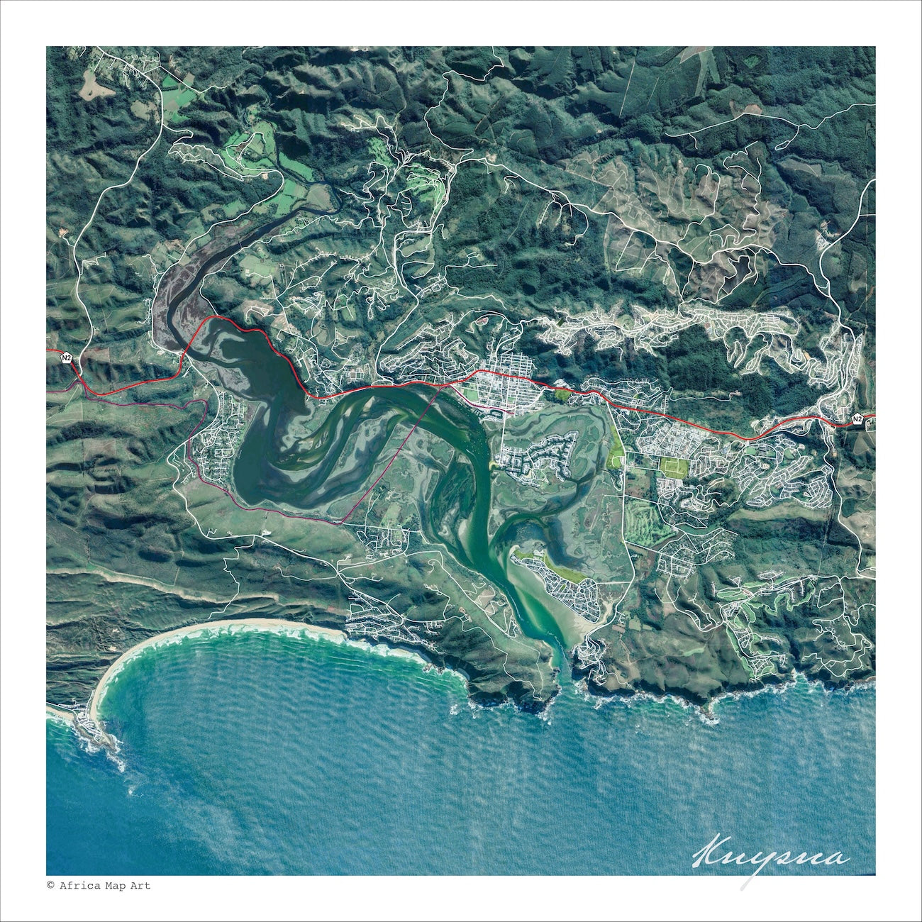 Knysna map print in the Aerial style; white roads and contour lines over a satellite image with green vegetation & blue sea.