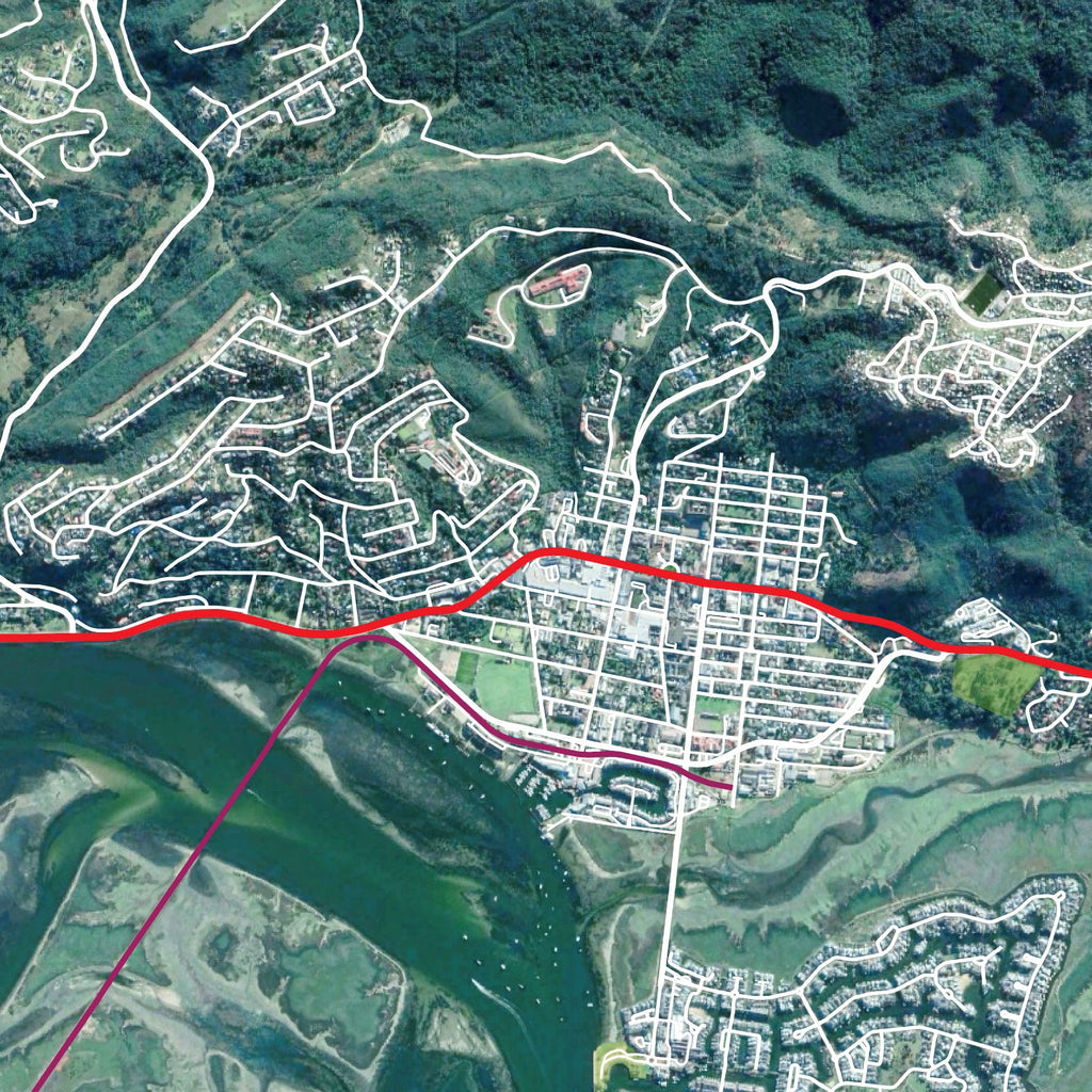 Close-up detail of the Knysna Aerial  map print, showing the fine line work and quality of the full-size print.