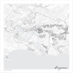 Minimalist Knysna map print in the Mono style, a black and white design with dark street lines, the sea in pale grey along the coastline, and fine contour lines on a white background