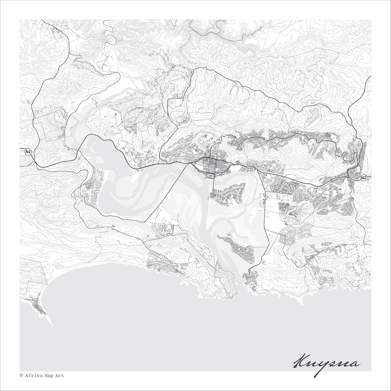 Minimalist Knysna map print in the Mono style, a black and white design with dark street lines, the sea in pale grey along the coastline, and fine contour lines on a white background