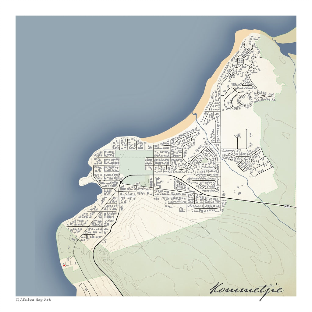 Kommetjie map print in the Classic style, with fine black street lines, grey buildings, the blue Atlantic, sandy Long Beach and green Slangkop slopes on a cream background