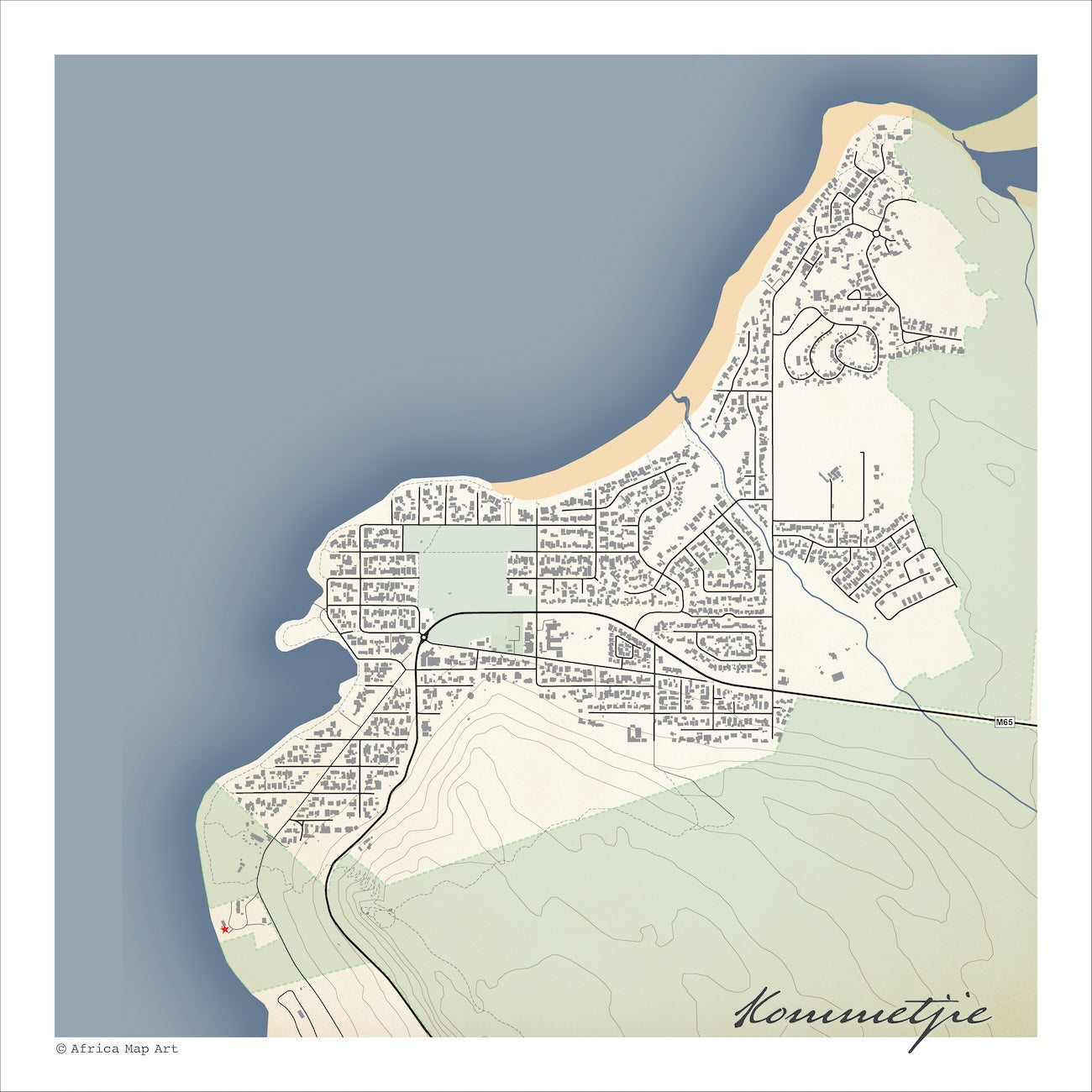Kommetjie map print in the Classic style, with fine black street lines, grey buildings, the blue Atlantic, sandy Long Beach and green Slangkop slopes on a cream background