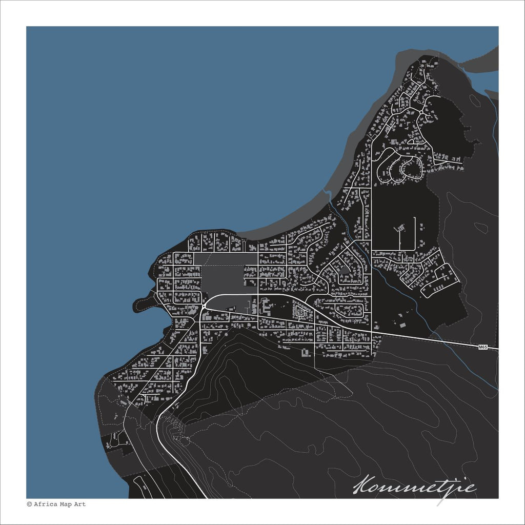 Kommetjie map print in the Granite style, with fine white streets, grey buildings, Long Beach and Slangkop contours on a black background with blue sea