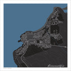 Kommetjie map print in the Granite style, with fine white streets, grey buildings, Long Beach and Slangkop contours on a black background with blue sea
