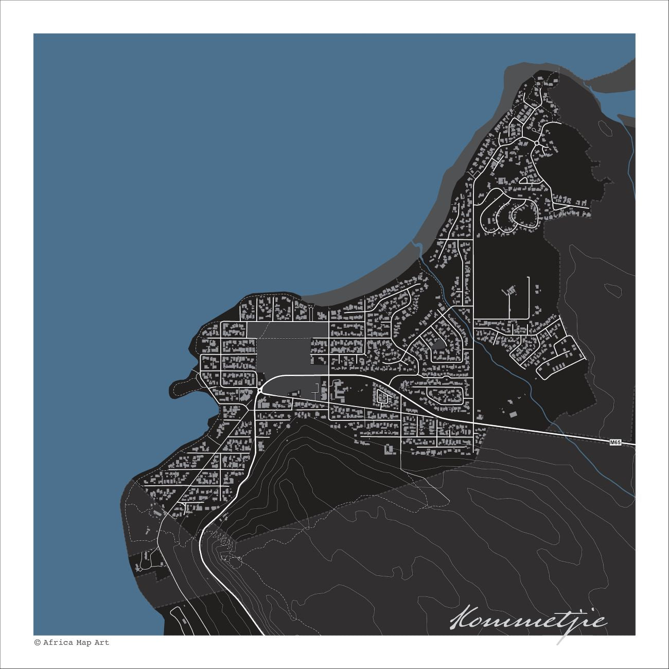 Kommetjie map print in the Granite style, with fine white streets, grey buildings, Long Beach and Slangkop contours on a black background with blue sea