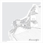 Kommetjie map print in the minimalist Mono style, with fine black street lines, grey buildings, the grey Atlantic, Long Beach and Slangkop contours on a white background