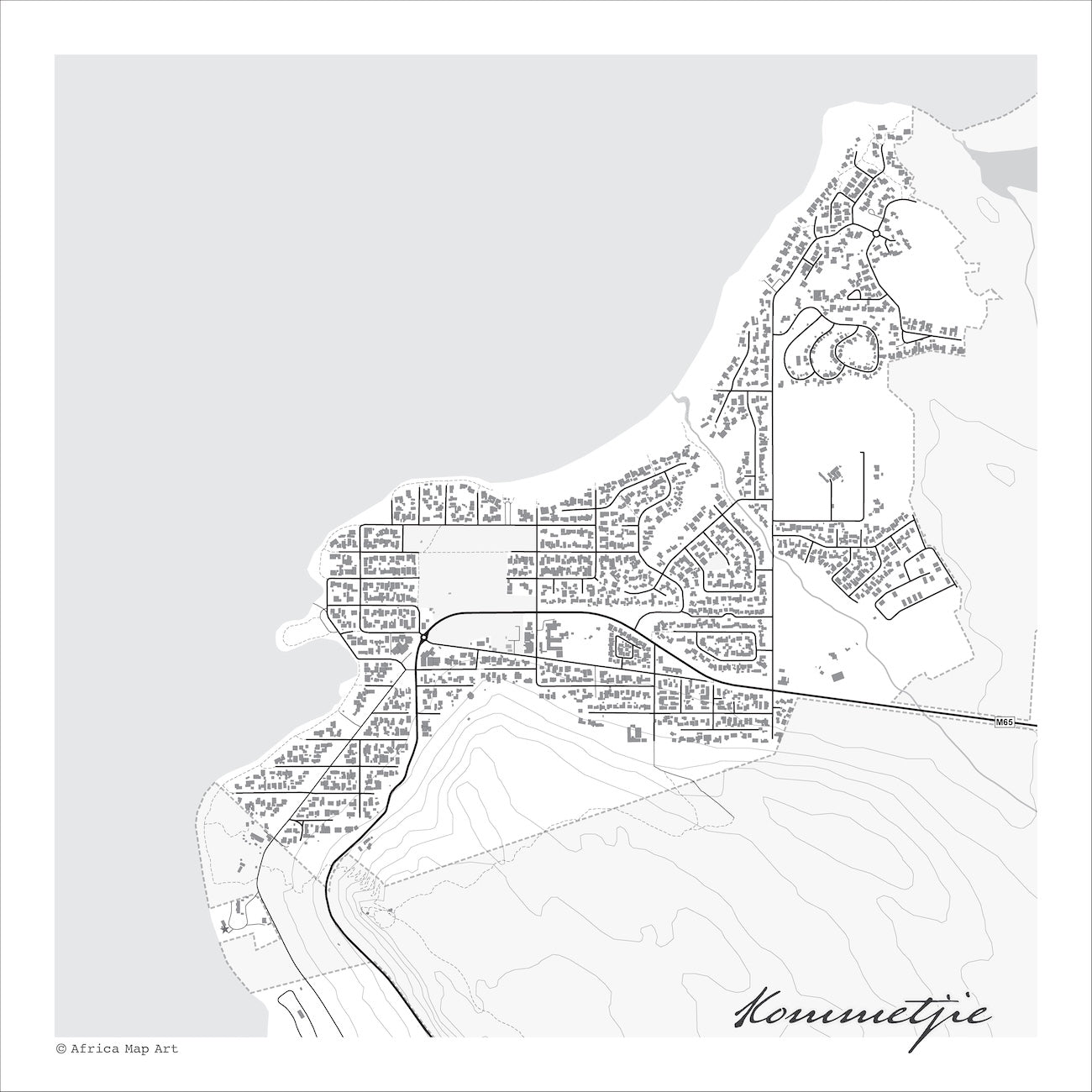 Kommetjie map print in the minimalist Mono style, with fine black street lines, grey buildings, the grey Atlantic, Long Beach and Slangkop contours on a white background
