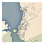 Langebaan map print in the Classic style, with fine black street lines and grey buildings, the blue Langebaan Lagoon and the green West Coast National Park on a cream background.