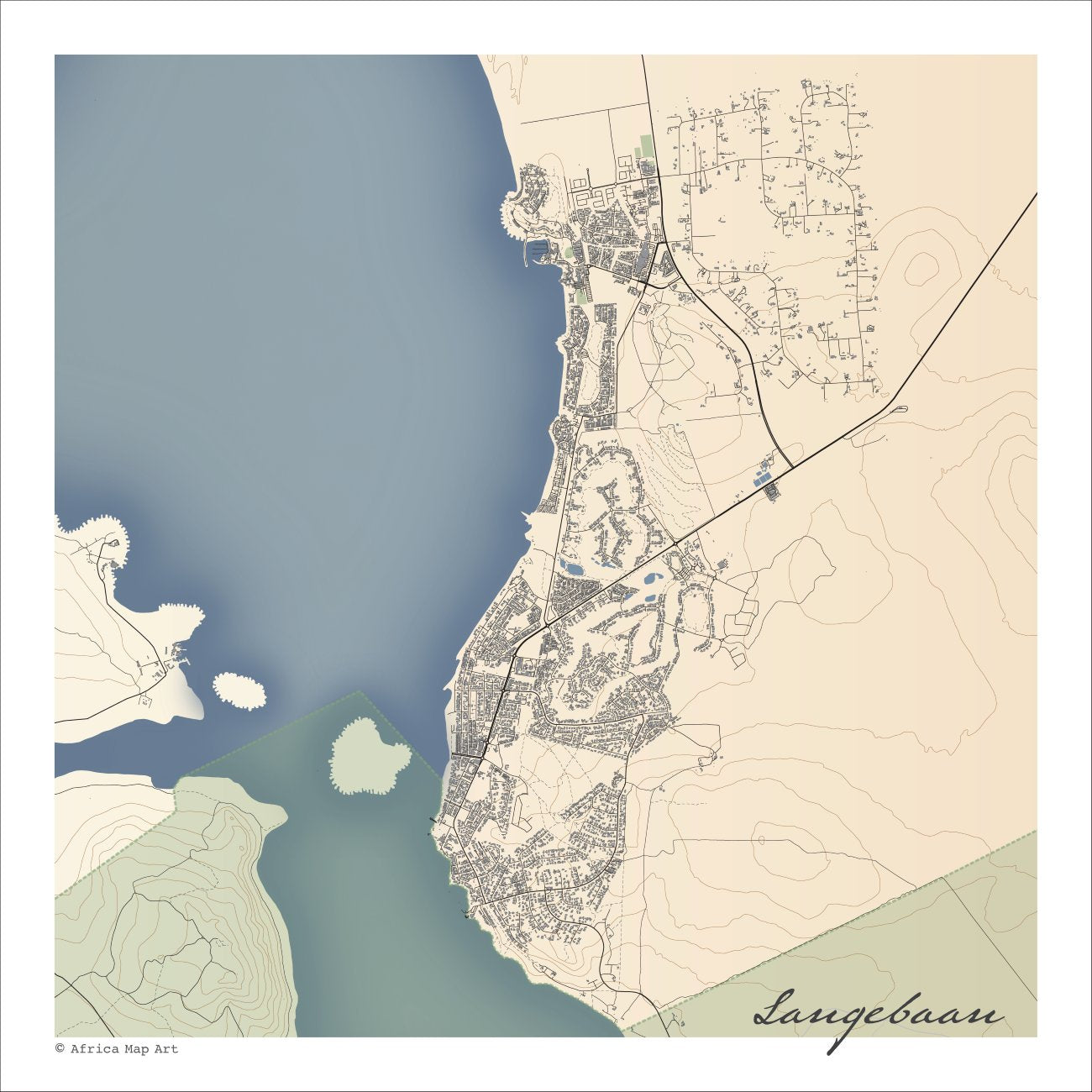 Langebaan map print in the Classic style, with fine black street lines and grey buildings, the blue Langebaan Lagoon and the green West Coast National Park on a cream background.