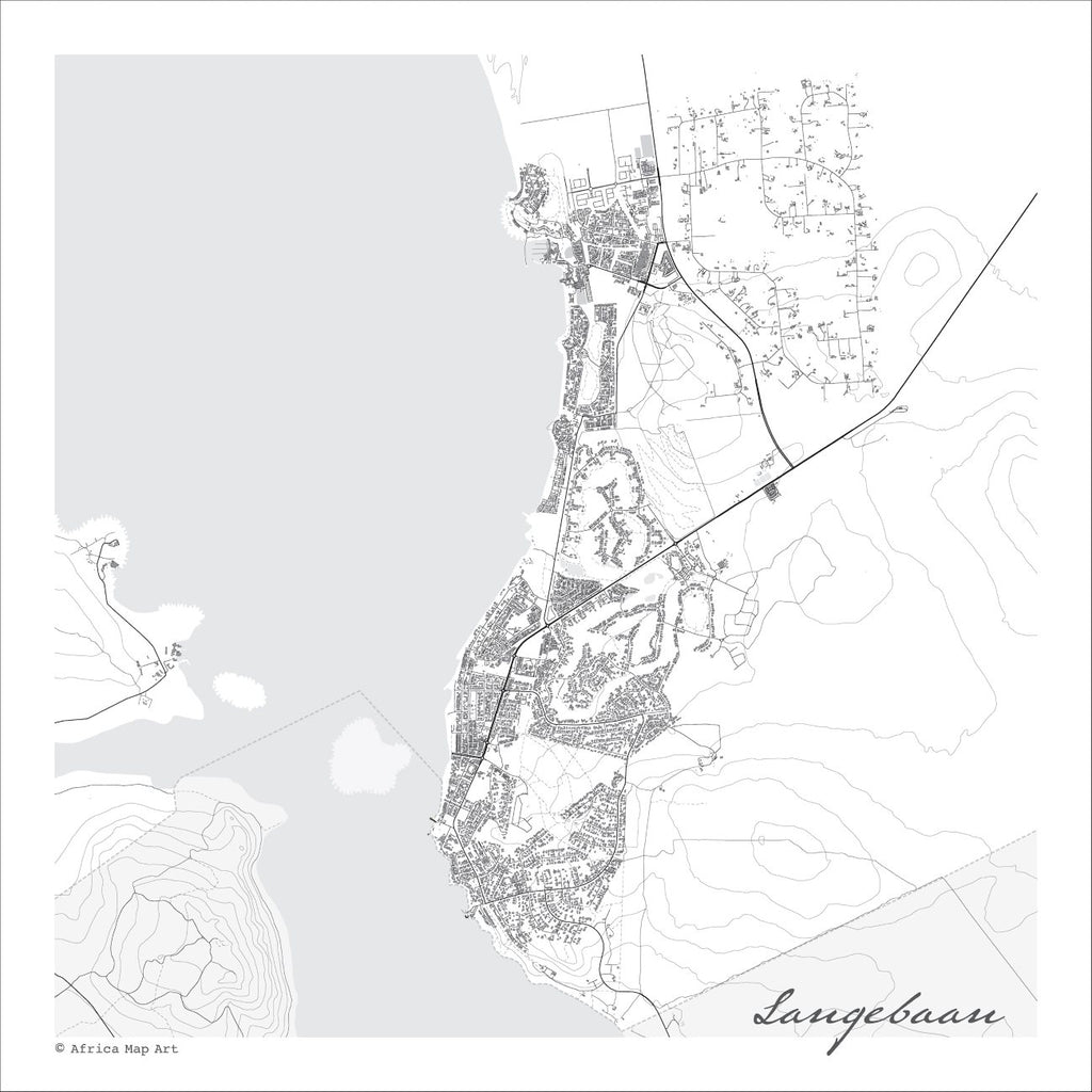 Langebaan map print in the minimalist Mono style, with fine black street lines and grey buildings, the grey Langebaan Lagoon, the West Coast National Park boundary and contour lines on a white background