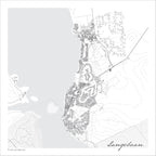 Langebaan map print in the minimalist Mono style, with fine black street lines and grey buildings, the grey Langebaan Lagoon, the West Coast National Park boundary and contour lines on a white background