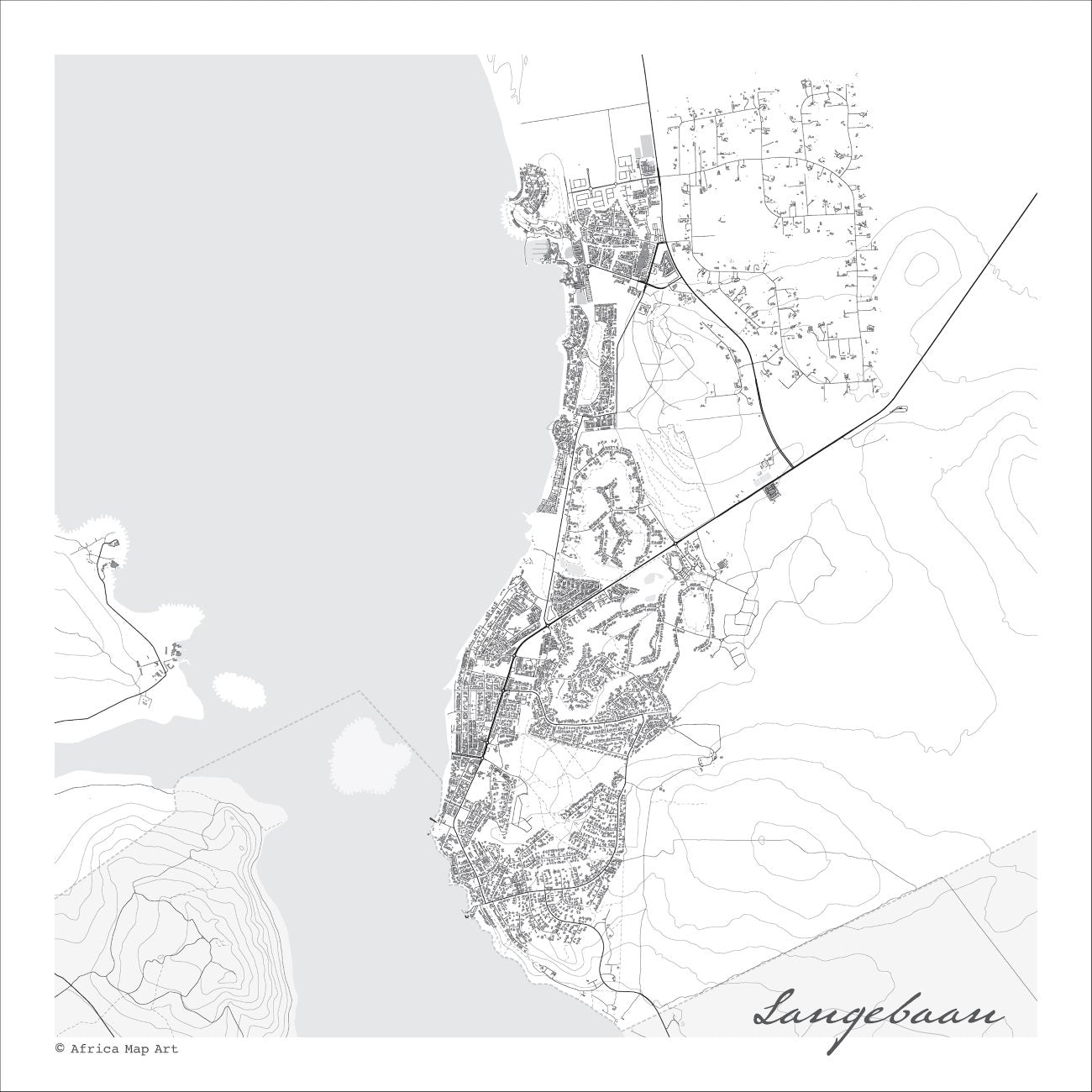 Langebaan map print in the minimalist Mono style, with fine black street lines and grey buildings, the grey Langebaan Lagoon, the West Coast National Park boundary and contour lines on a white background
