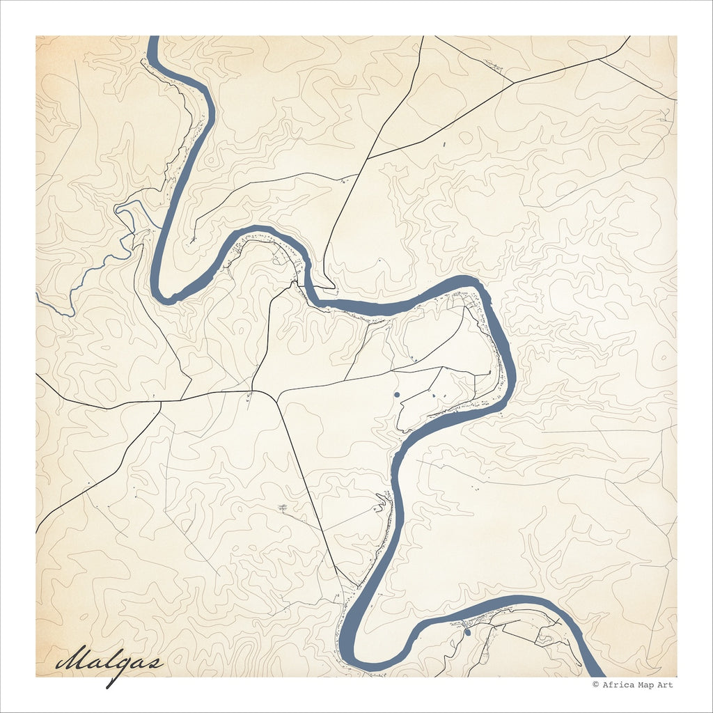 Malgas map print in the Classic style, with the blue Breede River winding through the frame and fine contour lines on a cream background