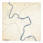 Malgas map print in the Classic style, with the blue Breede River winding through the frame and fine contour lines on a cream background