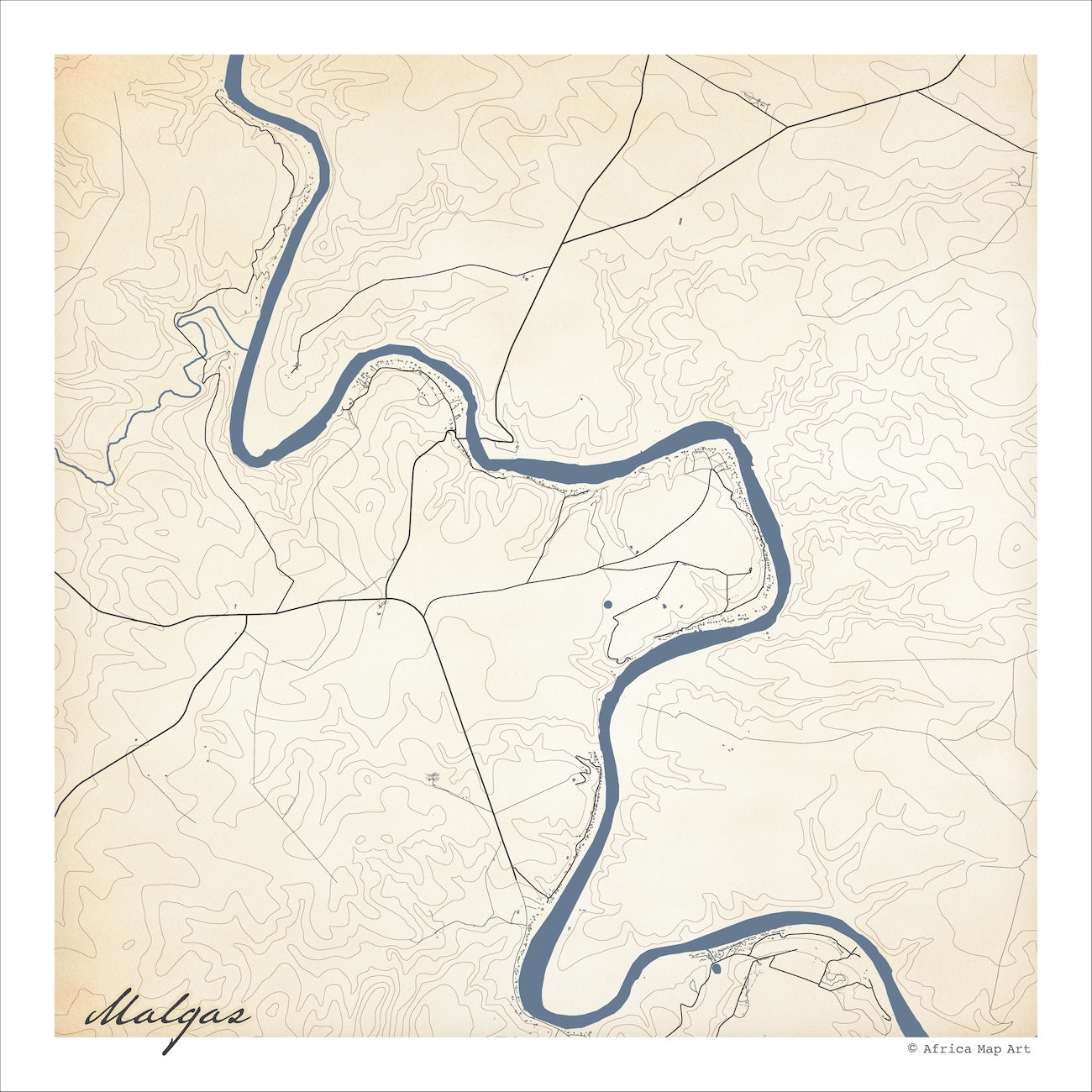 Malgas map print in the Classic style, with the blue Breede River winding through the frame and fine contour lines on a cream background