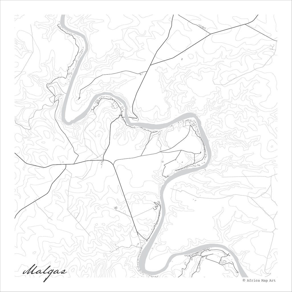 Malgas map print in the minimalist Mono style, with the Breede River in grey winding through fine black contour lines on a white background