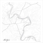 Malgas map print in the minimalist Mono style, with the Breede River in grey winding through fine black contour lines on a white background