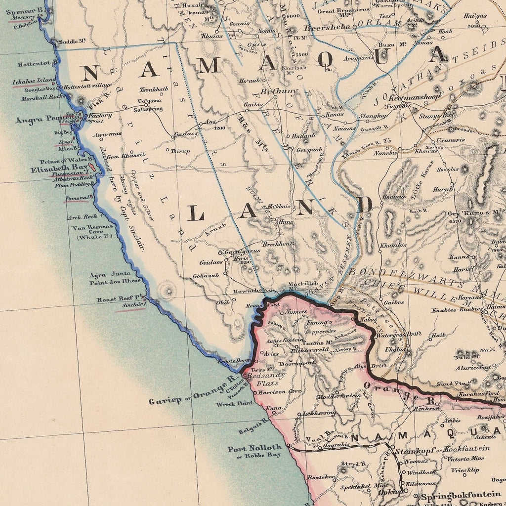 Detail of Merensky's 1887 map showing Namaqualand and the Orange River mouth, with coloured boundary lines along the coast