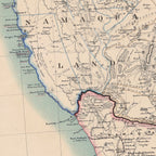 Detail of Merensky's 1887 map showing Namaqualand and the Orange River mouth, with coloured boundary lines along the coast