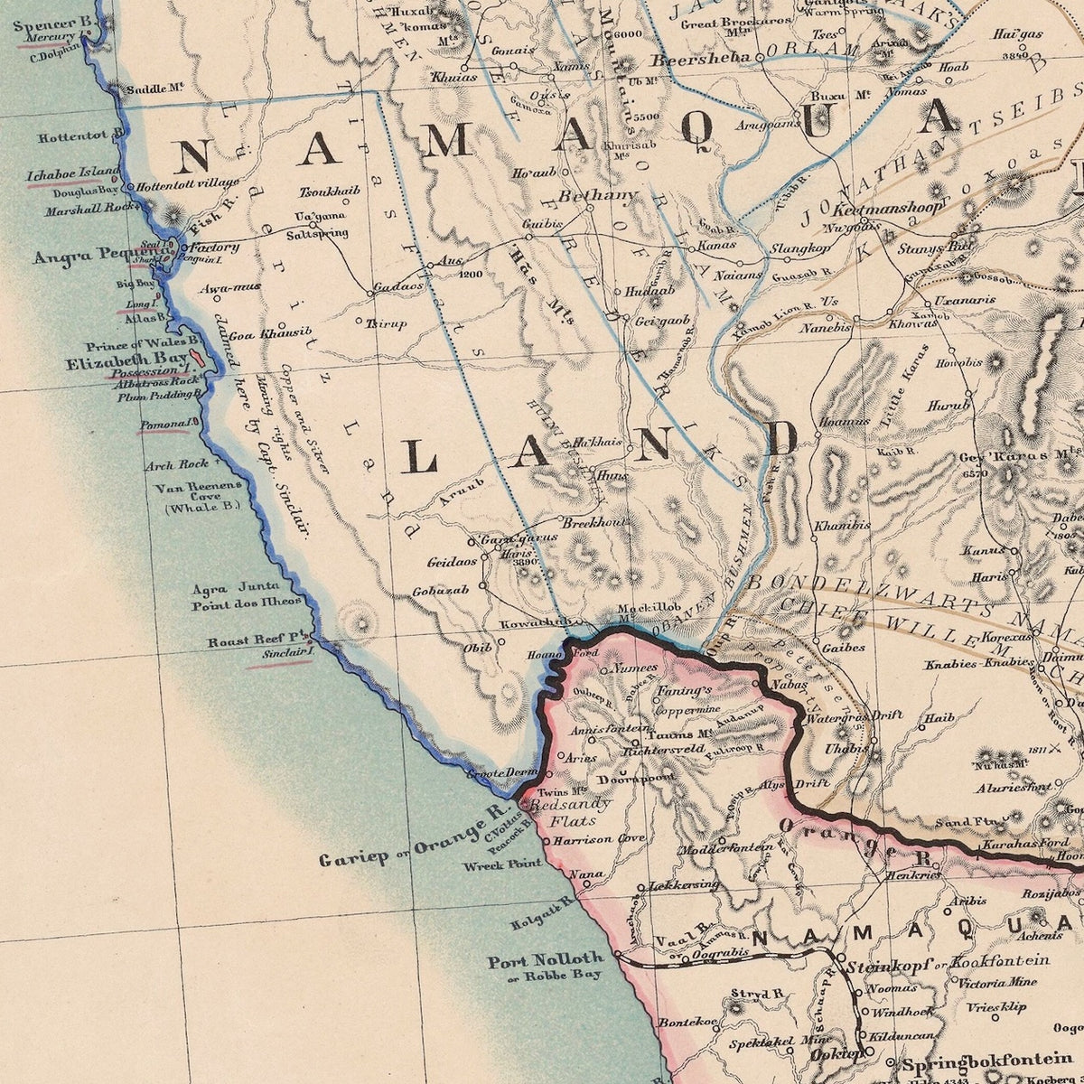 Detail of Merensky's 1887 map showing Namaqualand and the Orange River mouth, with coloured boundary lines along the coast