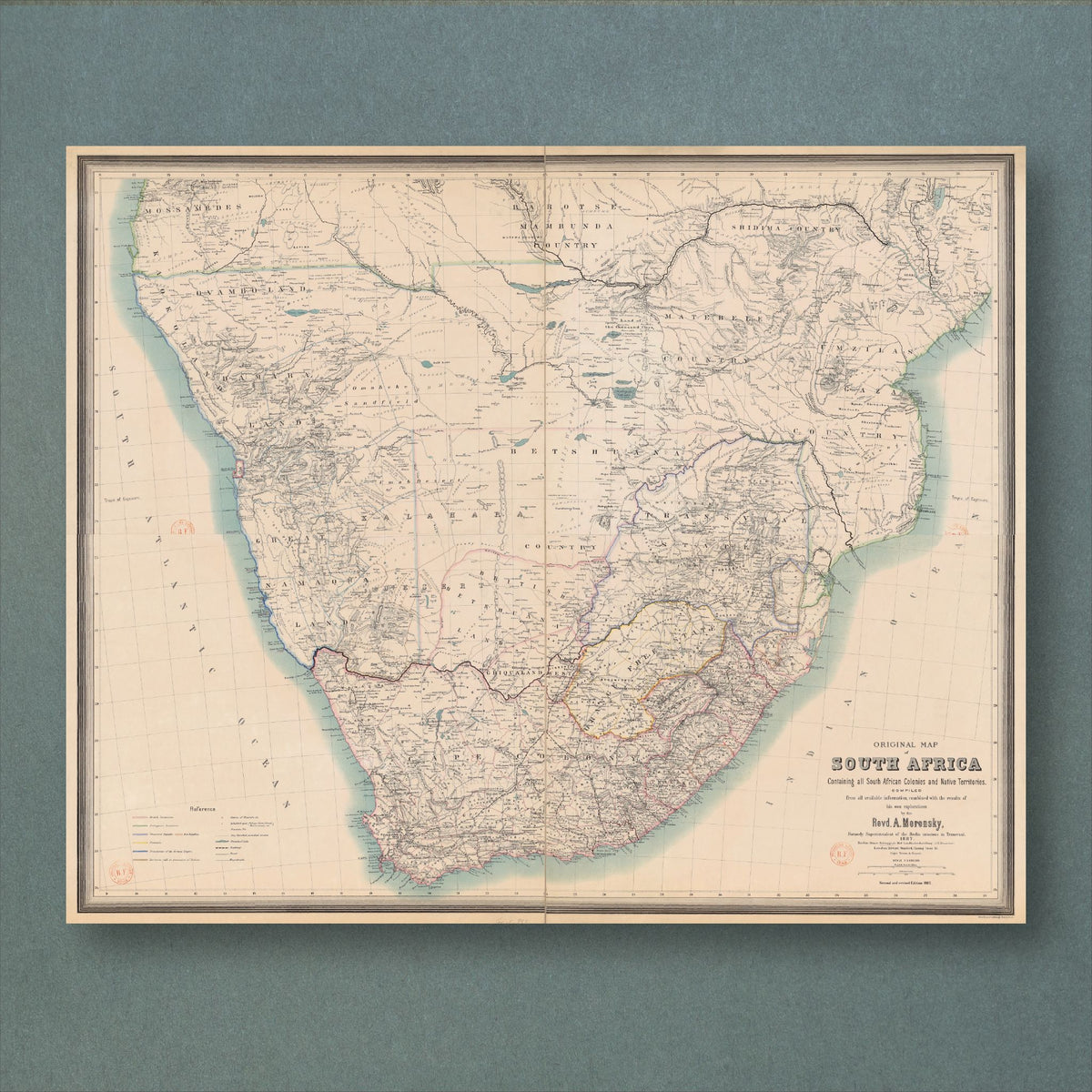 Alexander Merensky's 1887 map of South Africa, from the Cape Colony to the Zambezi, with coloured boundary lines on a cream ground