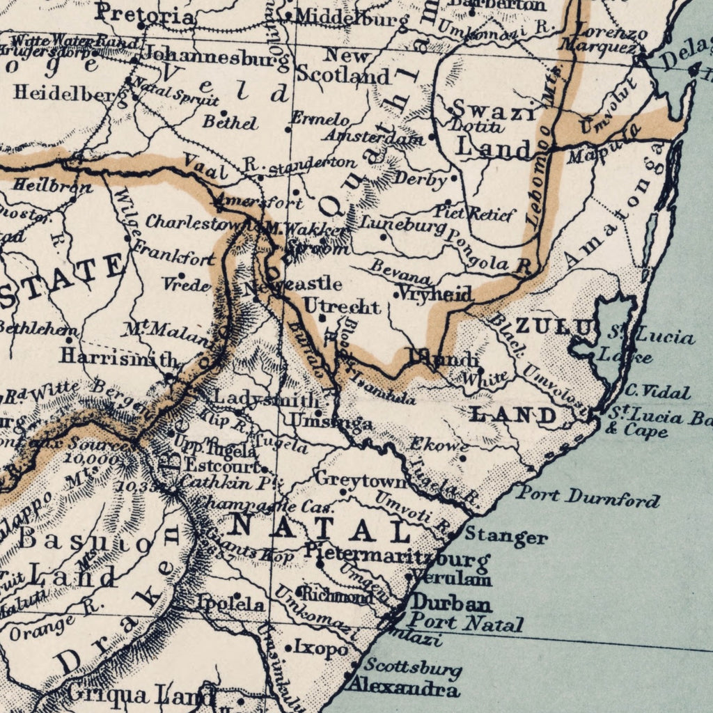 Detail of Walker's 1899 map showing Natal and Zululand on the Indian Ocean coast, with gold boundary lines