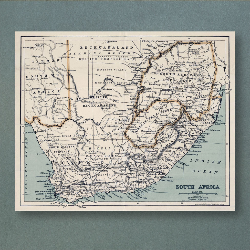 George Walker's 1899 map of South Africa, from the Cape to Bechuanaland and the Transvaal, with gold-outlined boundaries and a blue-grey sea