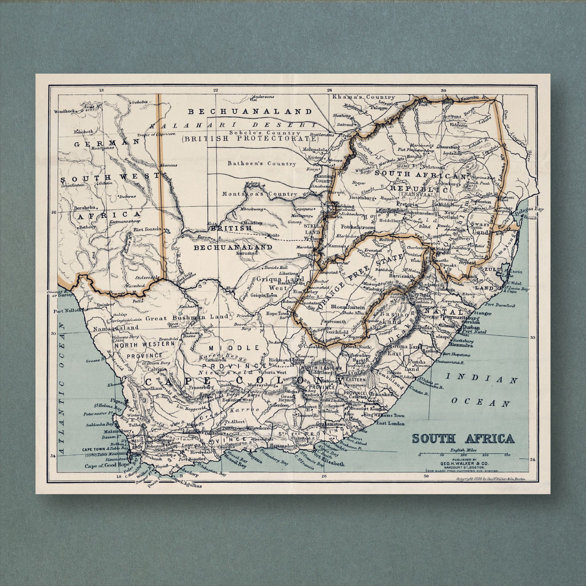George Walker's 1899 map of South Africa, from the Cape to Bechuanaland and the Transvaal, with gold-outlined boundaries and a blue-grey sea