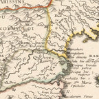 Close-up detail of the 1656 Sanson map of southern Africa reproduction print, showing the hand-coloured borders, rivers and fine lettering of the east coast