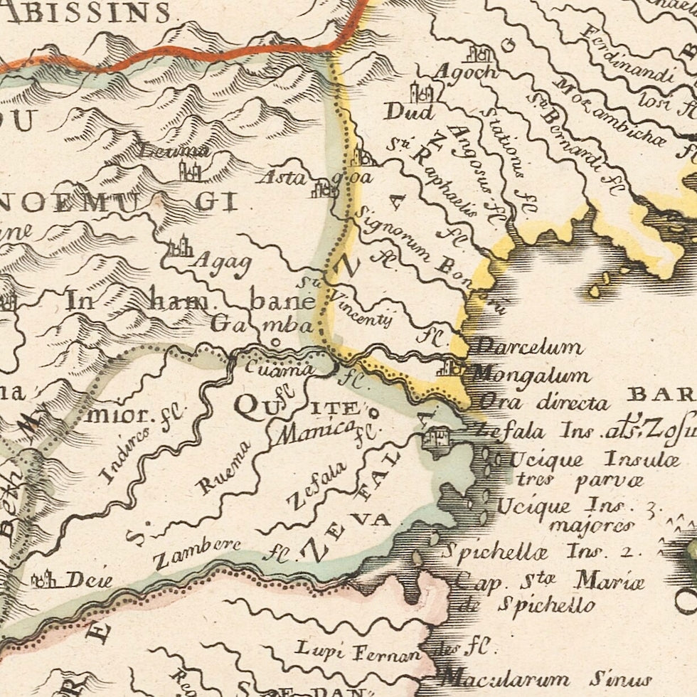 Close-up detail of the 1656 Sanson map of southern Africa reproduction print, showing the hand-coloured borders, rivers and fine lettering of the east coast