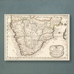1656 Sanson map of southern Africa from the Cape to Monomotapa, reproduction print with borders hand-coloured in yellow, red and green, and an ornate cartouche