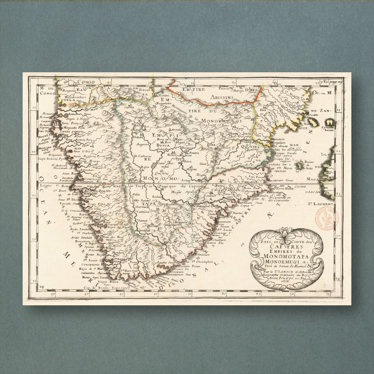 1656 Sanson map of southern Africa from the Cape to Monomotapa, reproduction print with borders hand-coloured in yellow, red and green, and an ornate cartouche