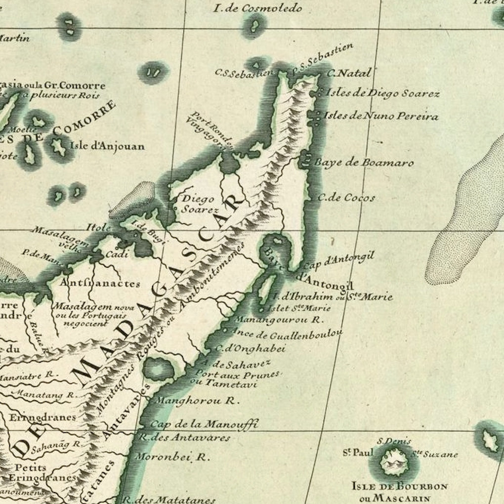 Detail of the Madagascar coast on de L'Isle's 1708 map, with green hand-coloured coastline and fine French lettering