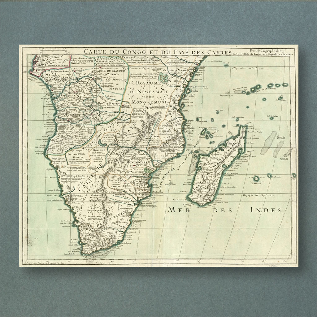 Guillaume de L'Isle's 1708 hand-coloured map of southern and central Africa, from the Congo coast to the Cape of Good Hope and Madagascar