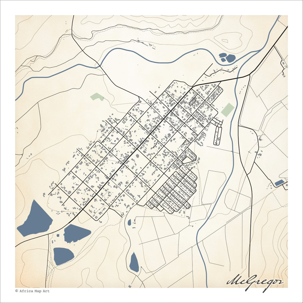 McGregor map print in the Classic style, with fine black street lines and grey buildings, a blue river, several dams and the town's broad diagonal grid on a cream background