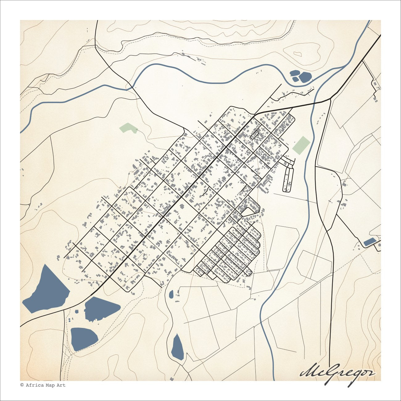 McGregor map print in the Classic style, with fine black street lines and grey buildings, a blue river, several dams and the town's broad diagonal grid on a cream background