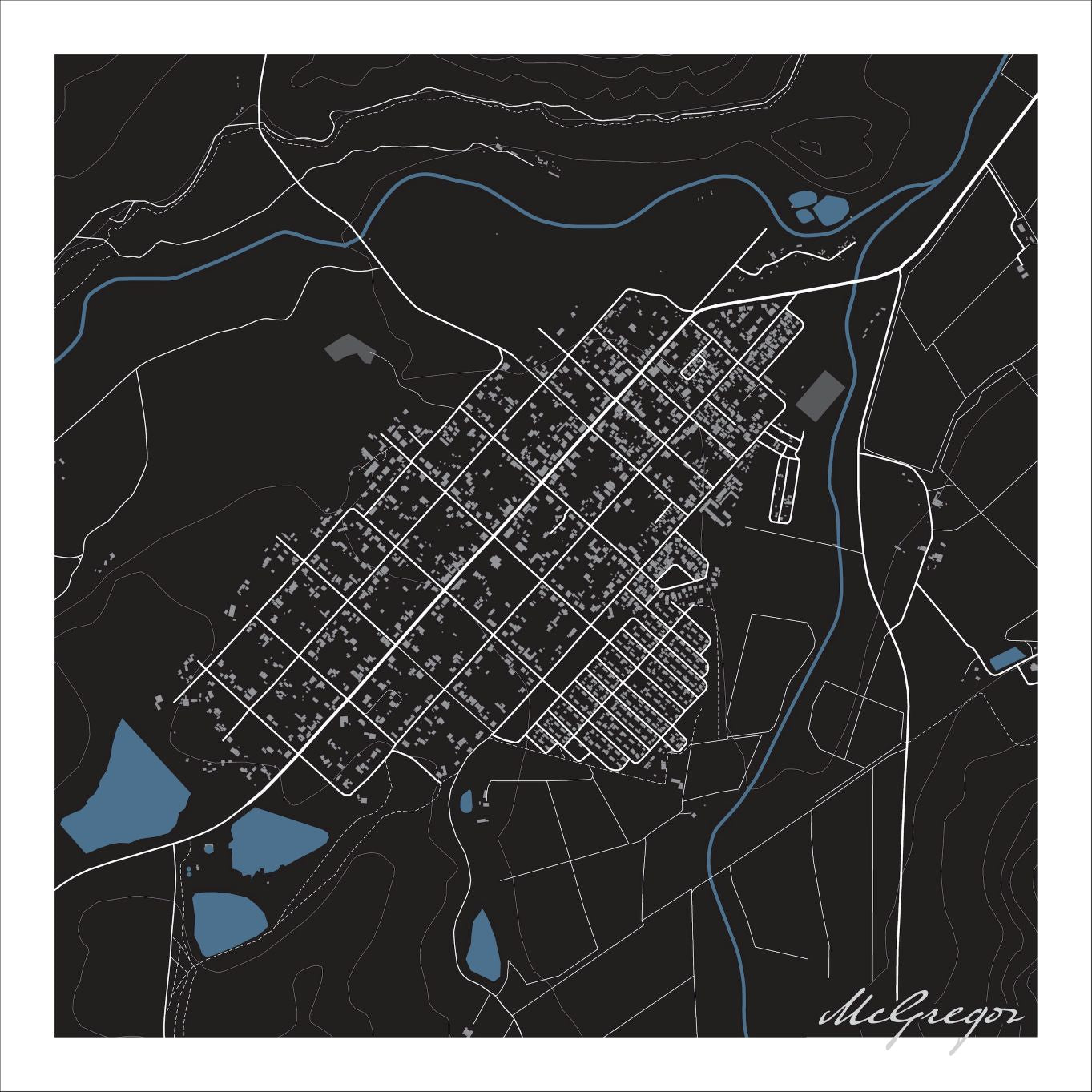 McGregor map print in the Granite style, with fine white street lines, a blue river, scattered farm dams and the town's broad diagonal grid on a black background